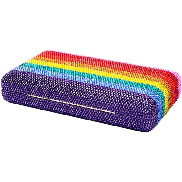 Women Rainbow Crystal Evening Bag Slim Clutch Handbag with Chain for Prom Party - Picture 4 of 6